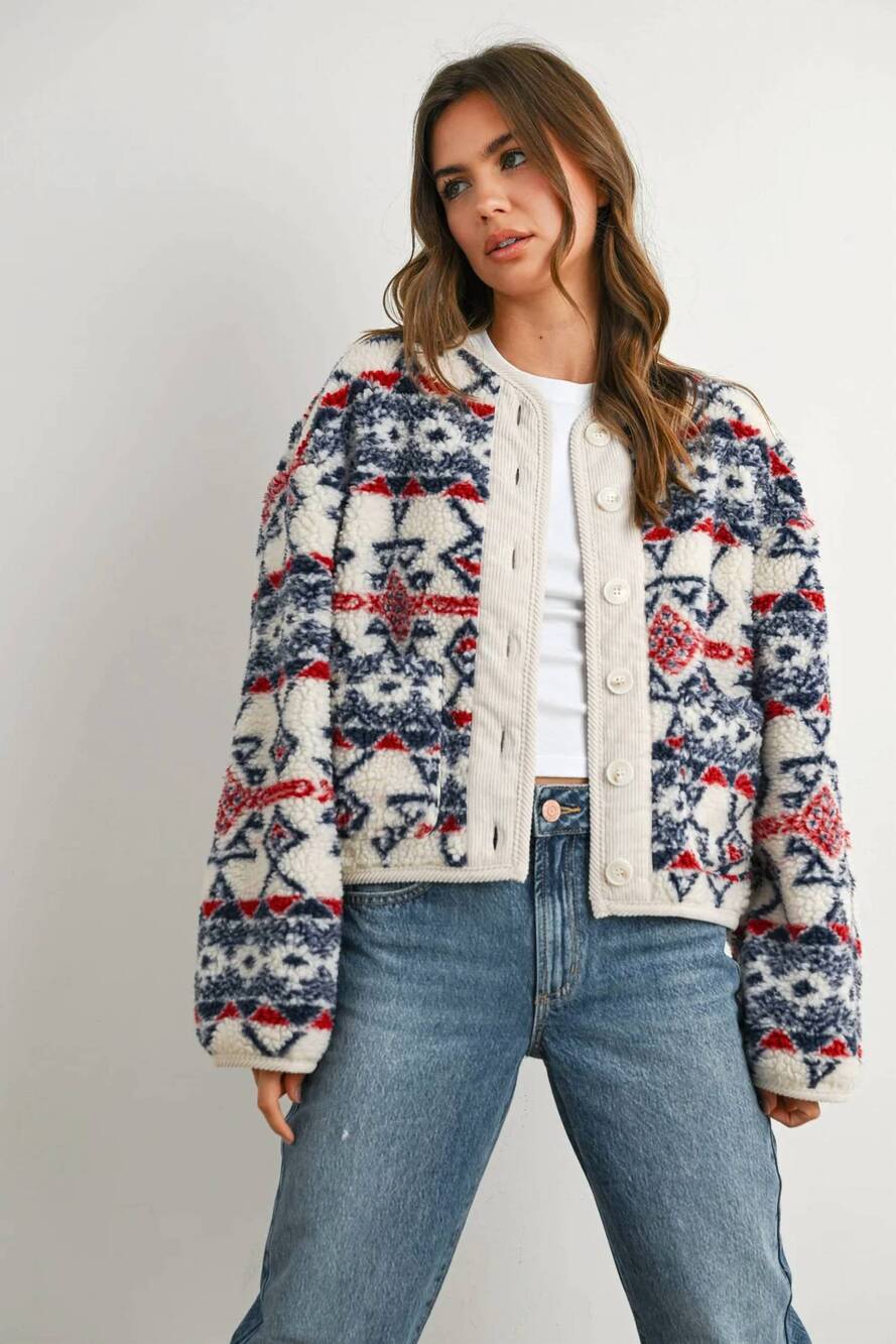 NEW BUTTERMELON asher graphic fleece jacket in ivory / navy